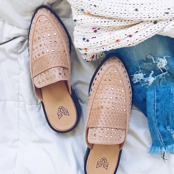 Vegan Suede Studded Flat Mules, Camel Beige Nude - Picture 2 of 4